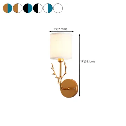 Vintage Antler Wall Sconce with Fabric Shade for Living Room