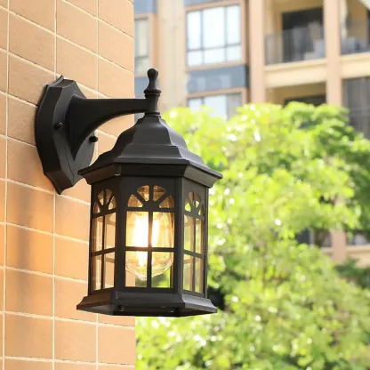 Modern Metal Lantern Glass Shade LED Outdoor Wall Light Image - 2