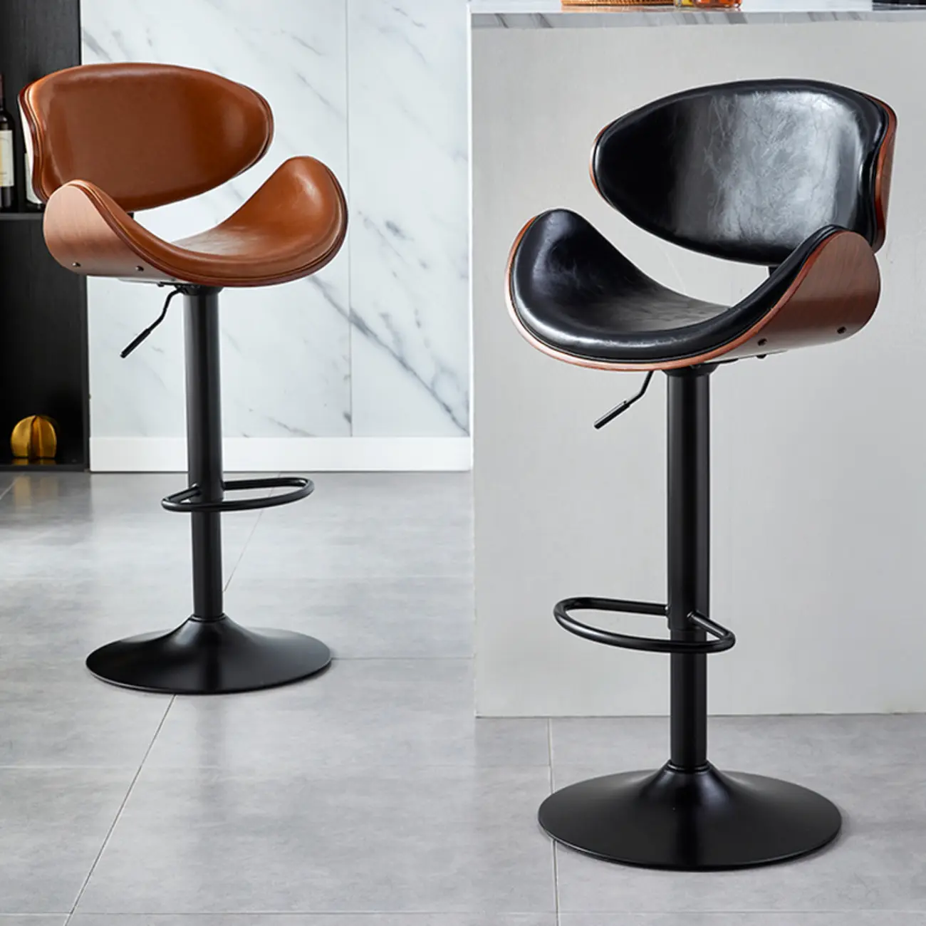 Bucket Adjustable Swivel Leather Bar Stools Image - 13 | homeyfad