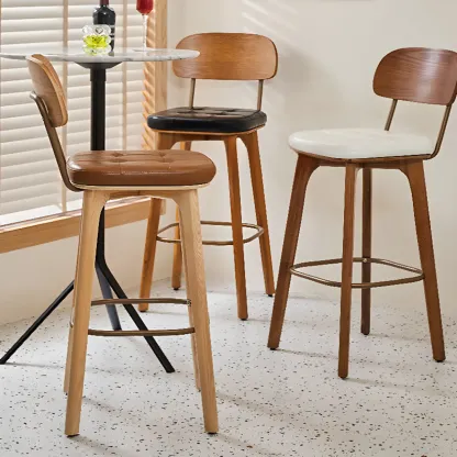Brown Modern Wood Open Back Leather Bar Stools Image - 1