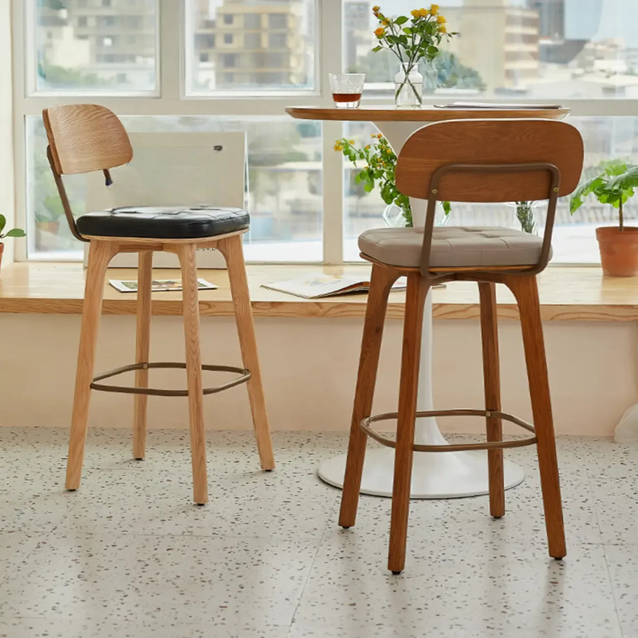 Brown Modern Wood Open Back Leather Bar Stools Image - 2