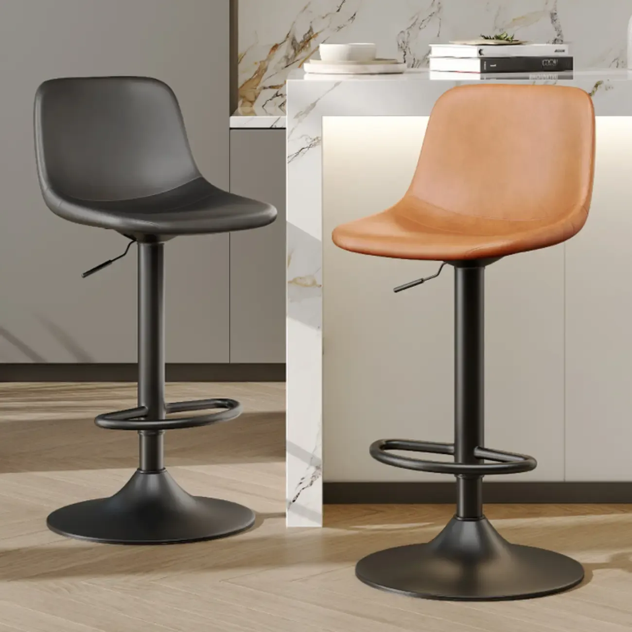 ]Modern Leather Adjustable Bar Stools with Backrest for Kitchen Image - 1