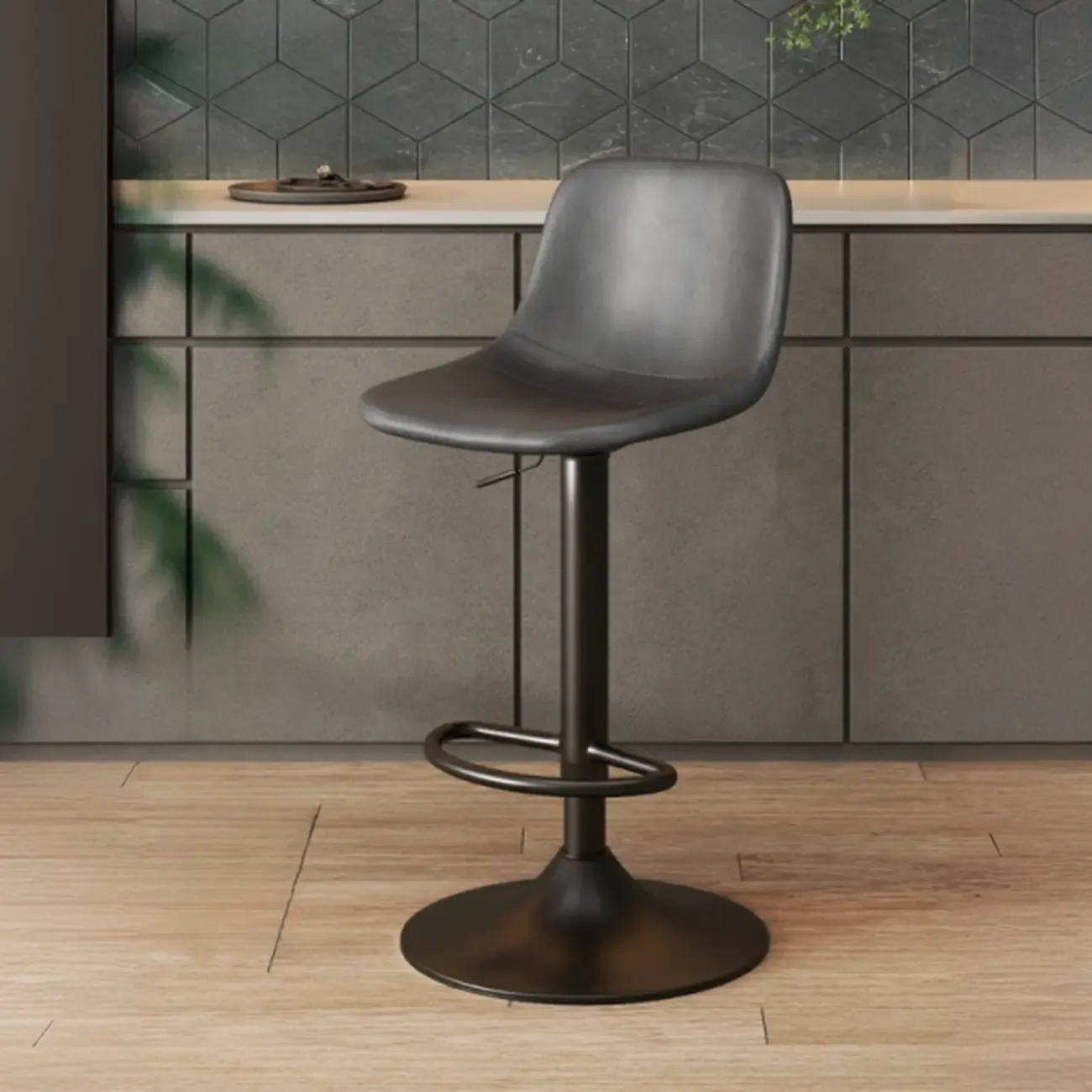 ]Modern Leather Adjustable Bar Stools with Backrest for Kitchen Image - 4