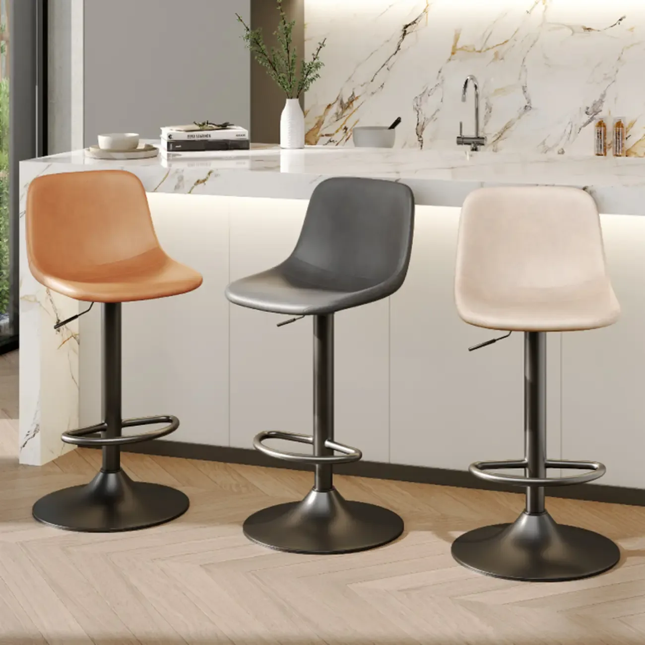 ]Modern Leather Adjustable Bar Stools with Backrest for Kitchen Image - 5