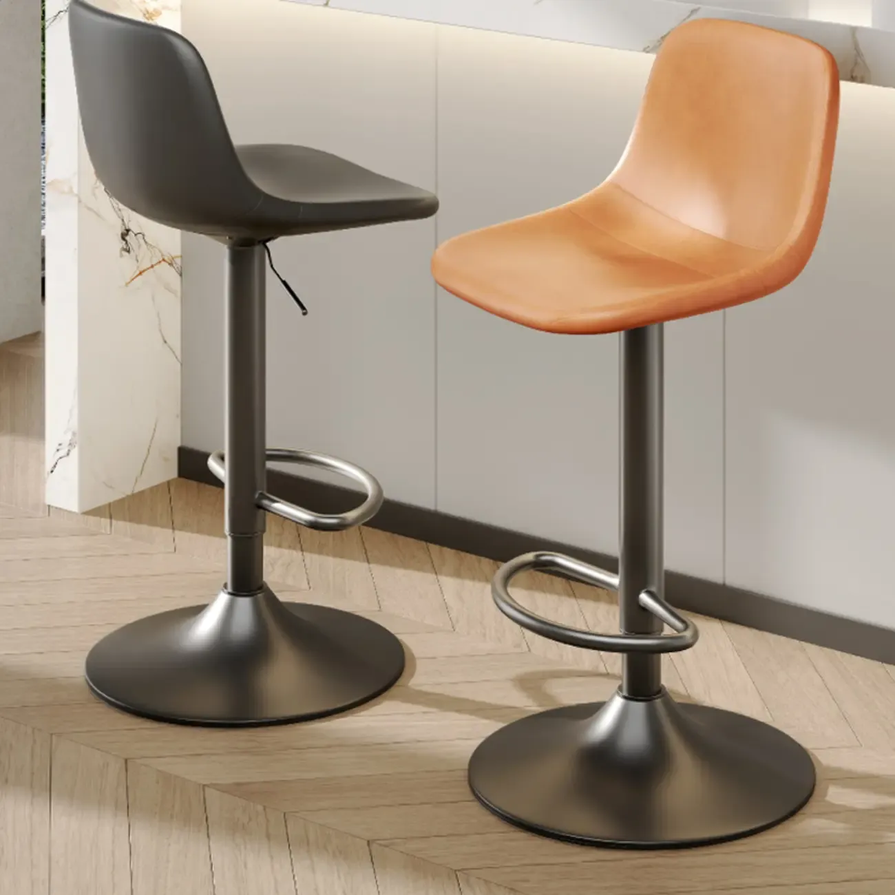 ]Modern Leather Adjustable Bar Stools with Backrest for Kitchen Image - 2