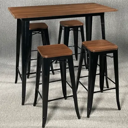Industrial Brown Wood Black Metal Bar Tables Image - 3