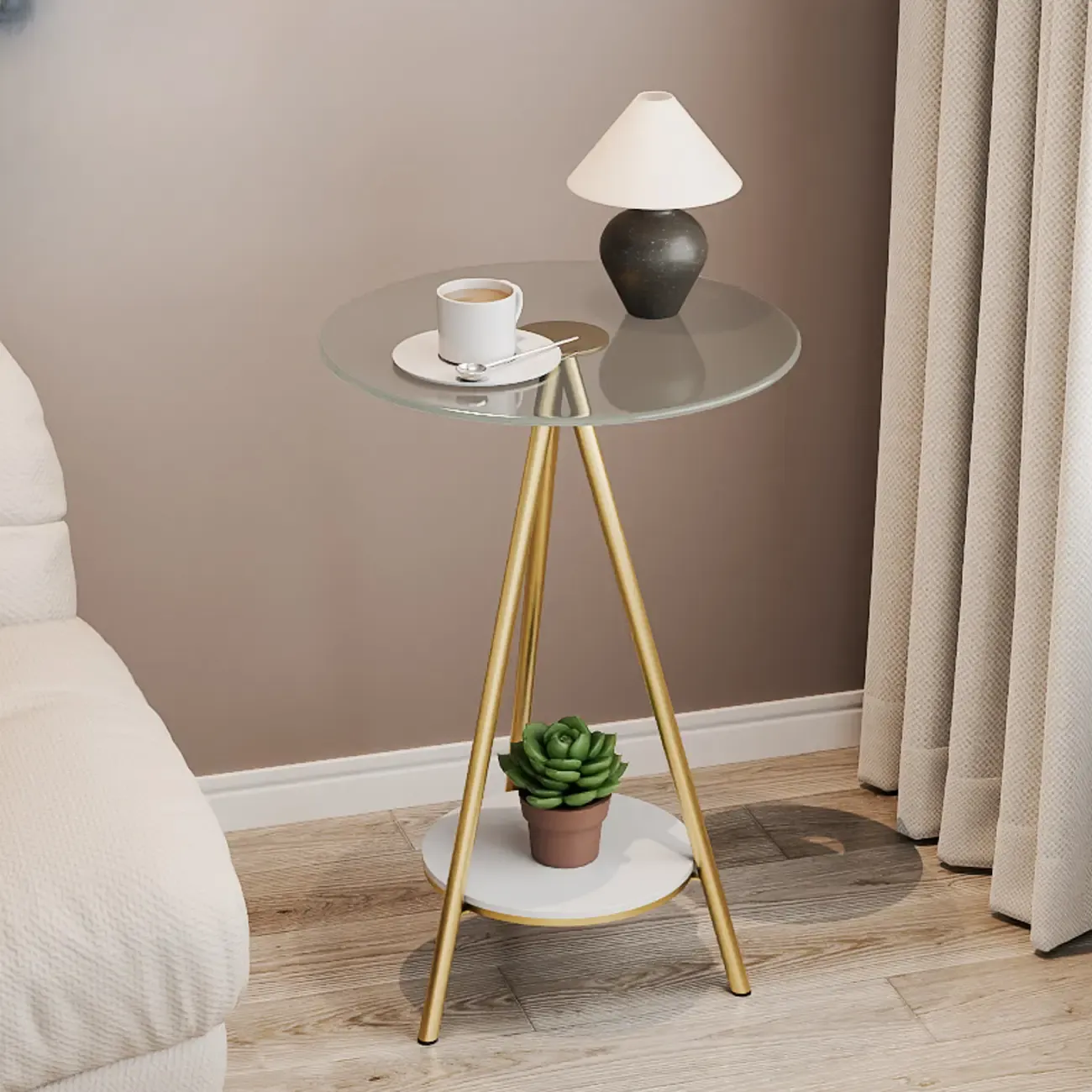 Glam Round Glass Storage End Table with Metal Legs Image - 2