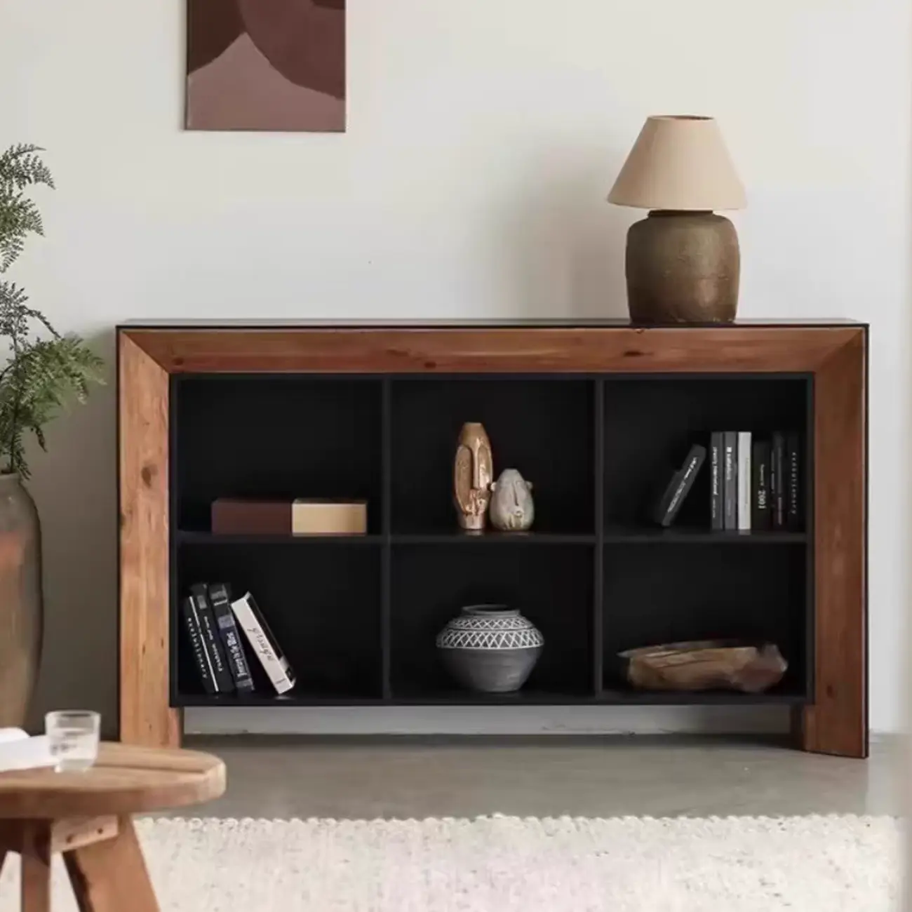 Modern Black Brown Pine Wooden Open Storage Display Cabinet Image - 2 | homeyfad