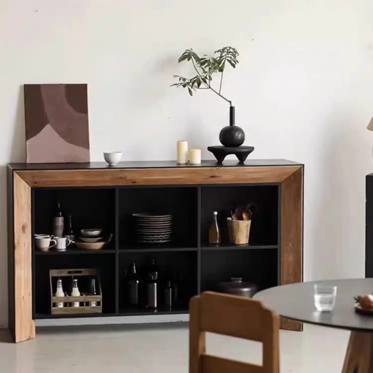 Modern Black Brown Pine Wooden Open Storage Display Cabinet Image - 3 | homeyfad