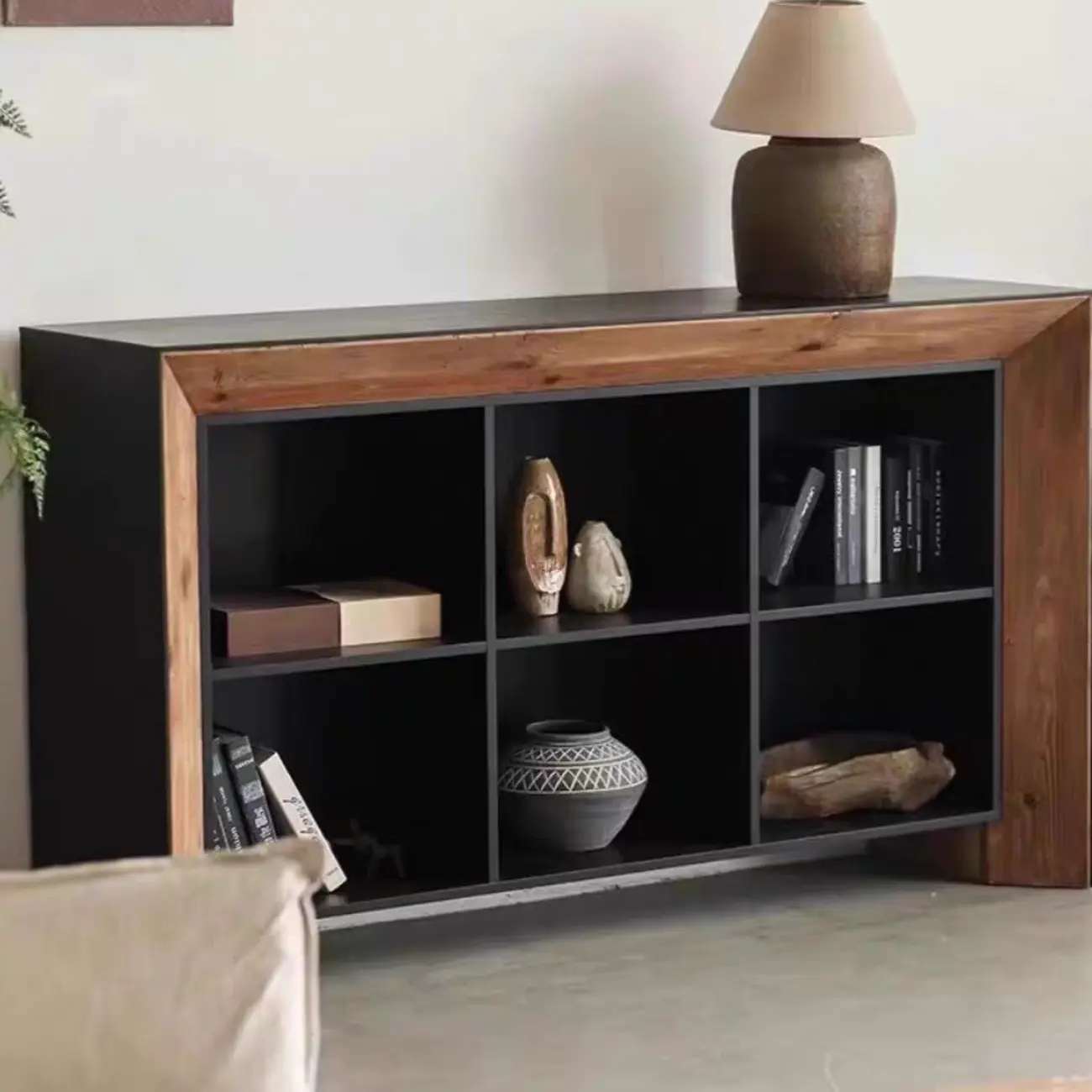 Modern Black Brown Pine Wooden Open Storage Display Cabinet Image - 4 | homeyfad