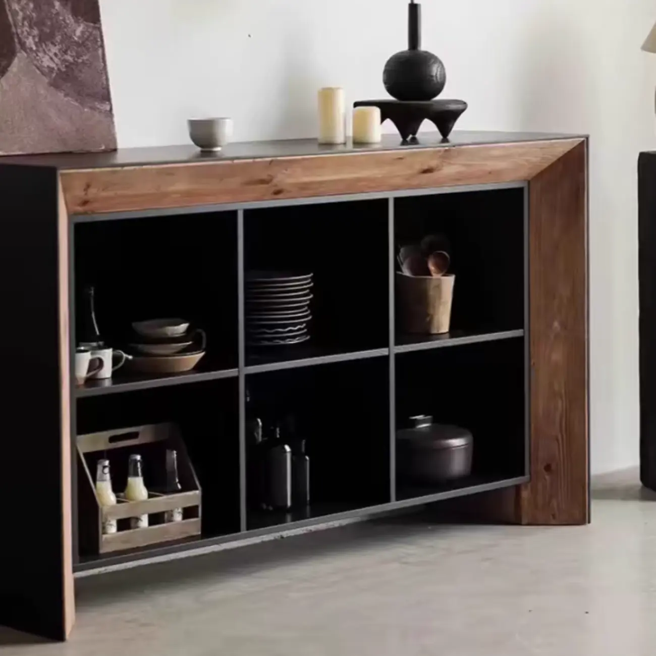 Modern Black Brown Pine Wooden Open Storage Display Cabinet Image - 5 | homeyfad