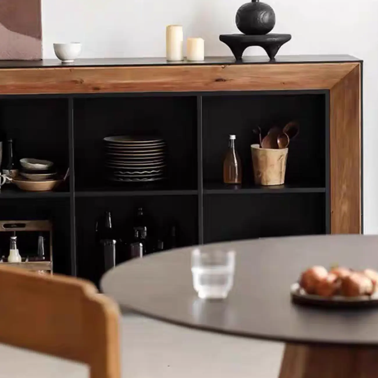 Modern Black Brown Pine Wooden Open Storage Display Cabinet Image - 6 | homeyfad