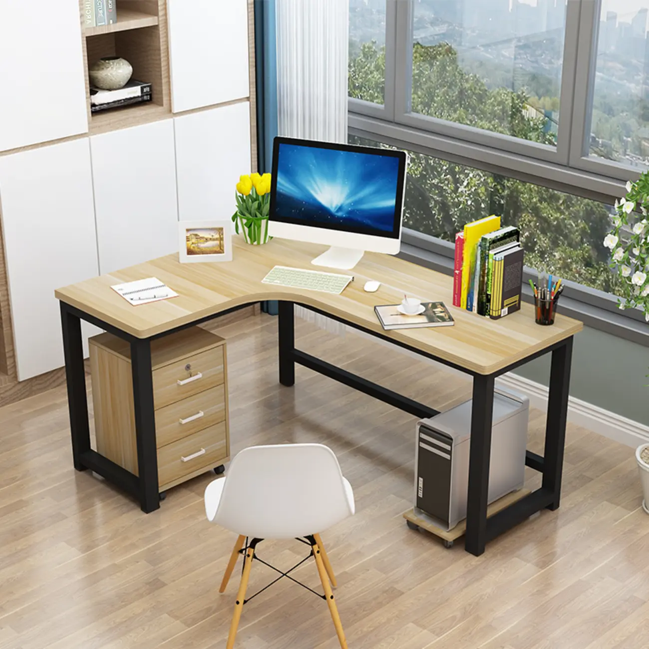 Modern Wooden L-Shaped Desk with Storage for Home Office Image - 1 | homeyfad