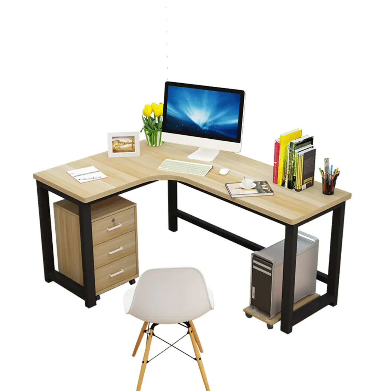 Modern Wooden L-Shaped Desk with Storage for Home Office Image - 10