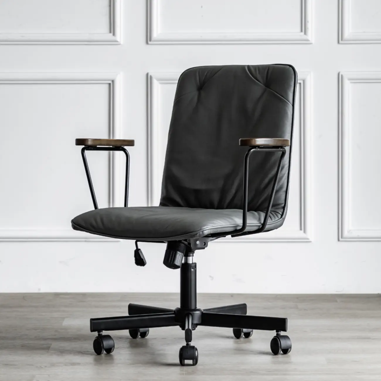 Elegant Grey Leather Metal Swivel Office Chair with Casters Image - 2 | homeyfad