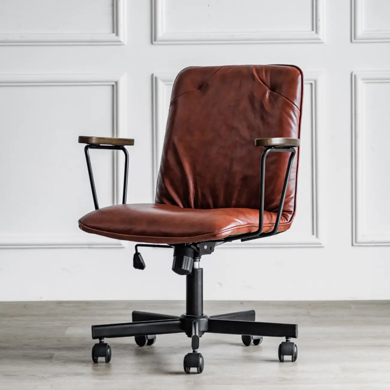 Elegant Grey Leather Metal Swivel Office Chair with Casters Image - 11 | homeyfad