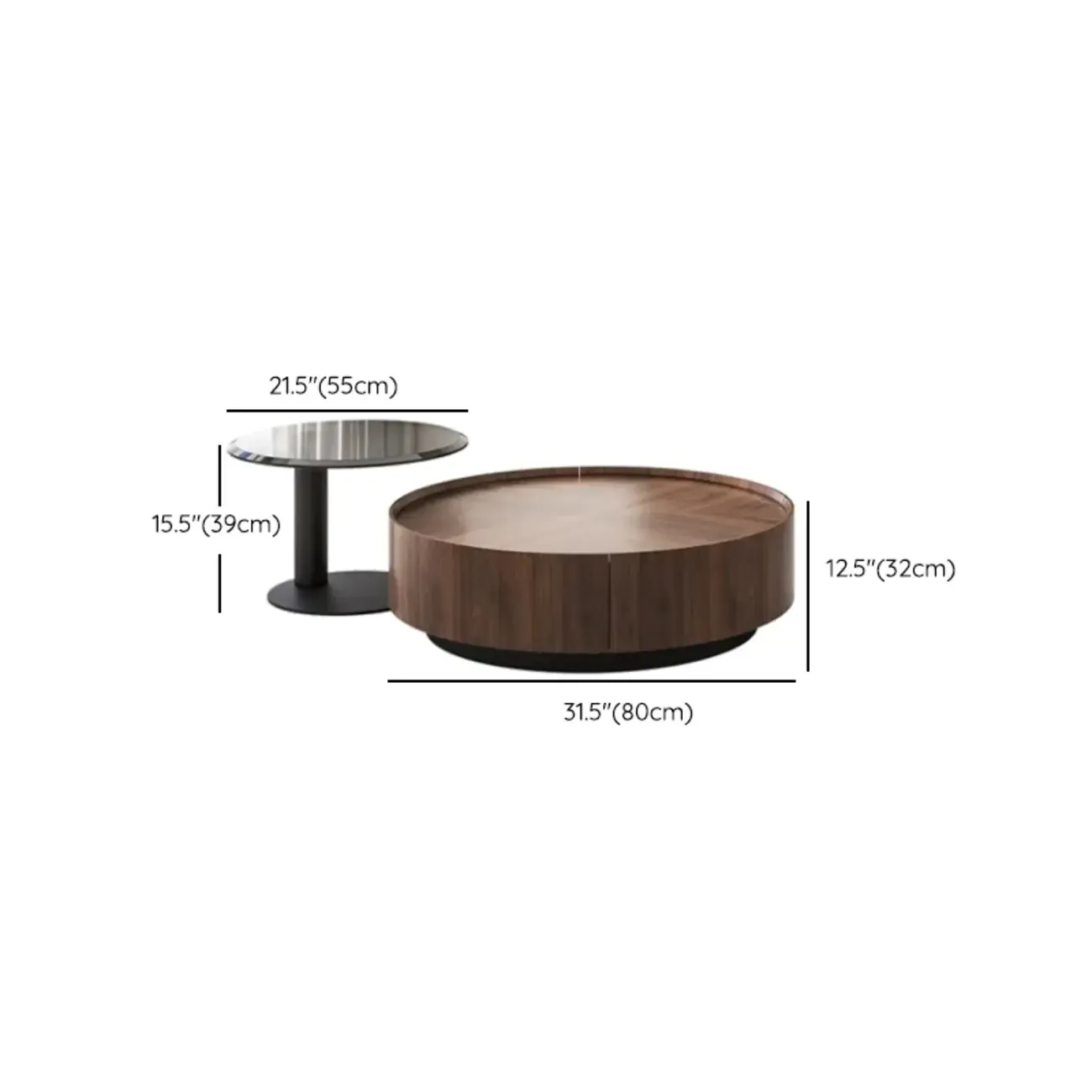Modern Wooden Brown Round Nesting Coffee Table #size