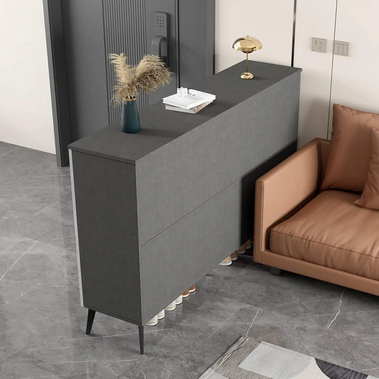 Trendy Gray-White Wooden Shoe Cabinet with Display Top Image - 3 | homeyfad