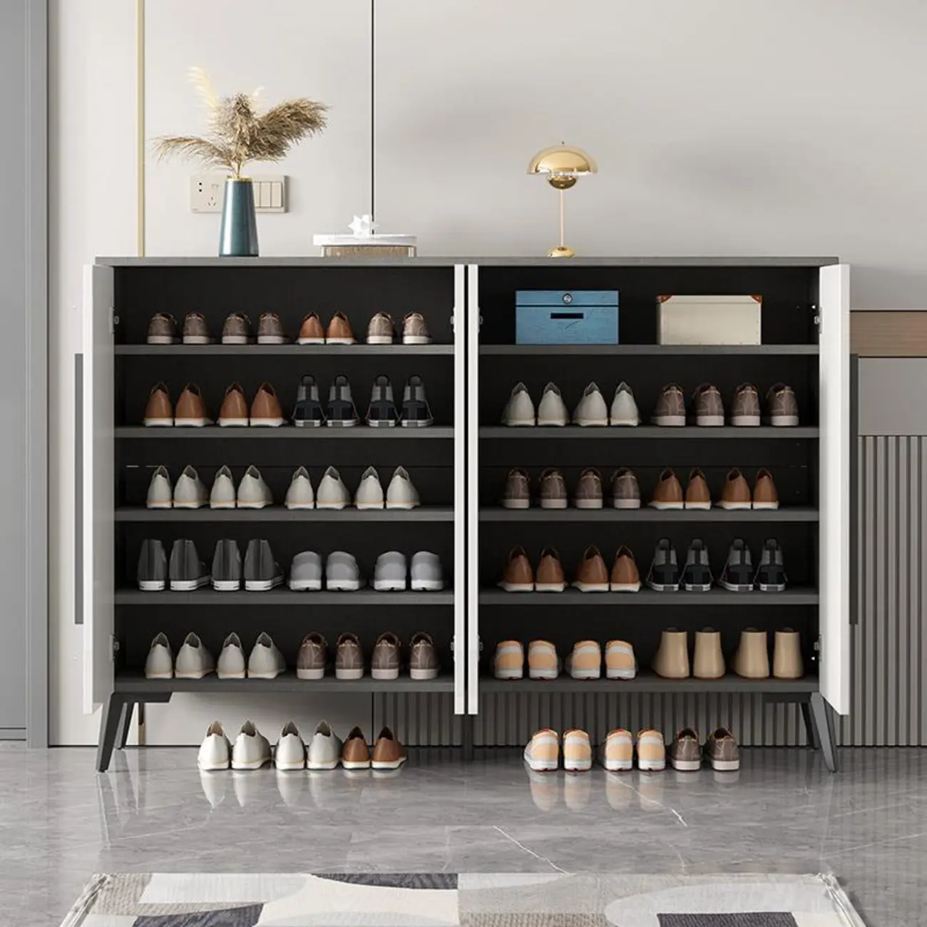 Trendy Gray-White Wooden Shoe Cabinet with Display Top Image - 2 | homeyfad