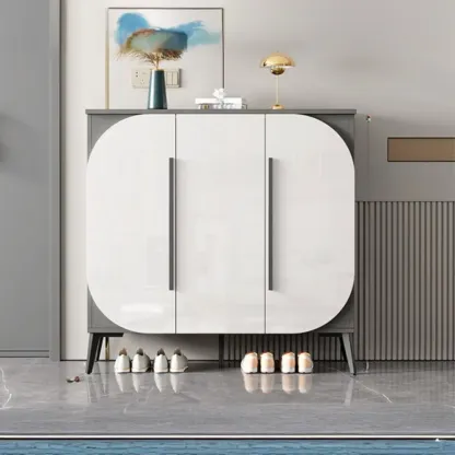 Trendy Gray-White Wooden Shoe Cabinet with Display Top Image - 4