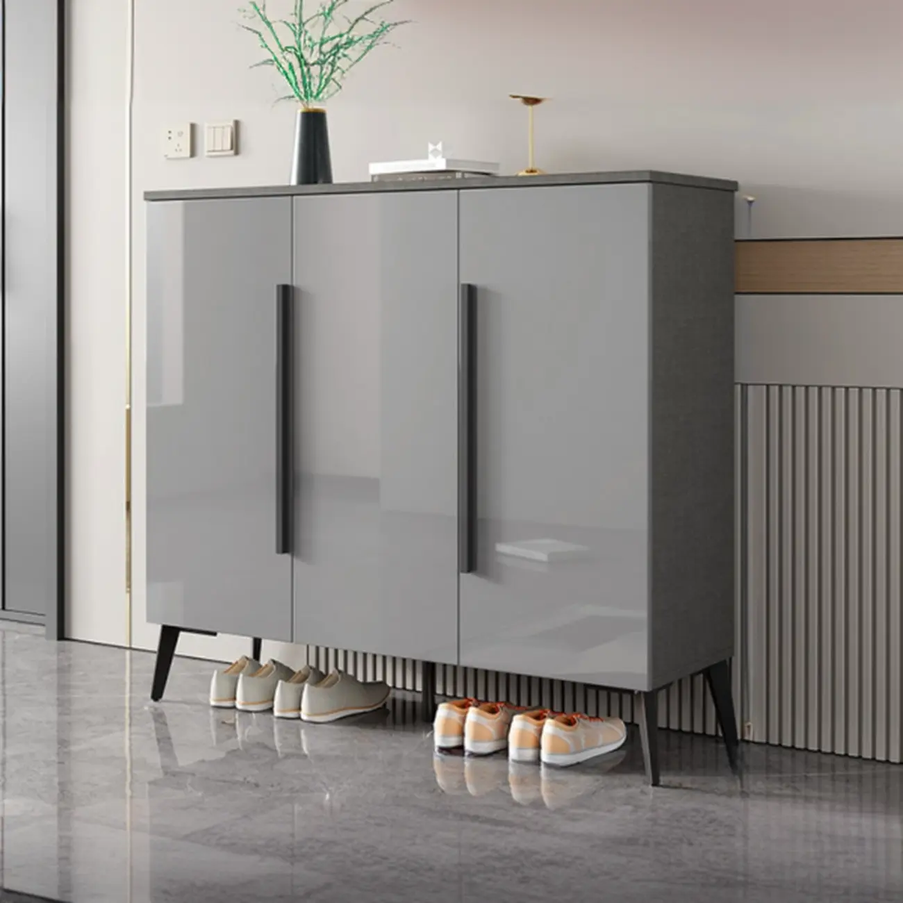 Trendy Gray-White Wooden Shoe Cabinet with Display Top Image - 5 | homeyfad