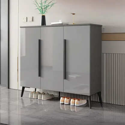 Trendy Gray-White Wooden Shoe Cabinet with Display Top Image - 5