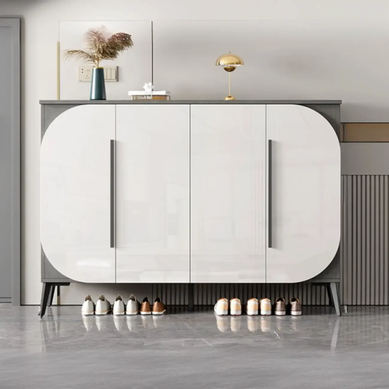 Trendy Gray-White Wooden Shoe Cabinet with Display Top Image - 8