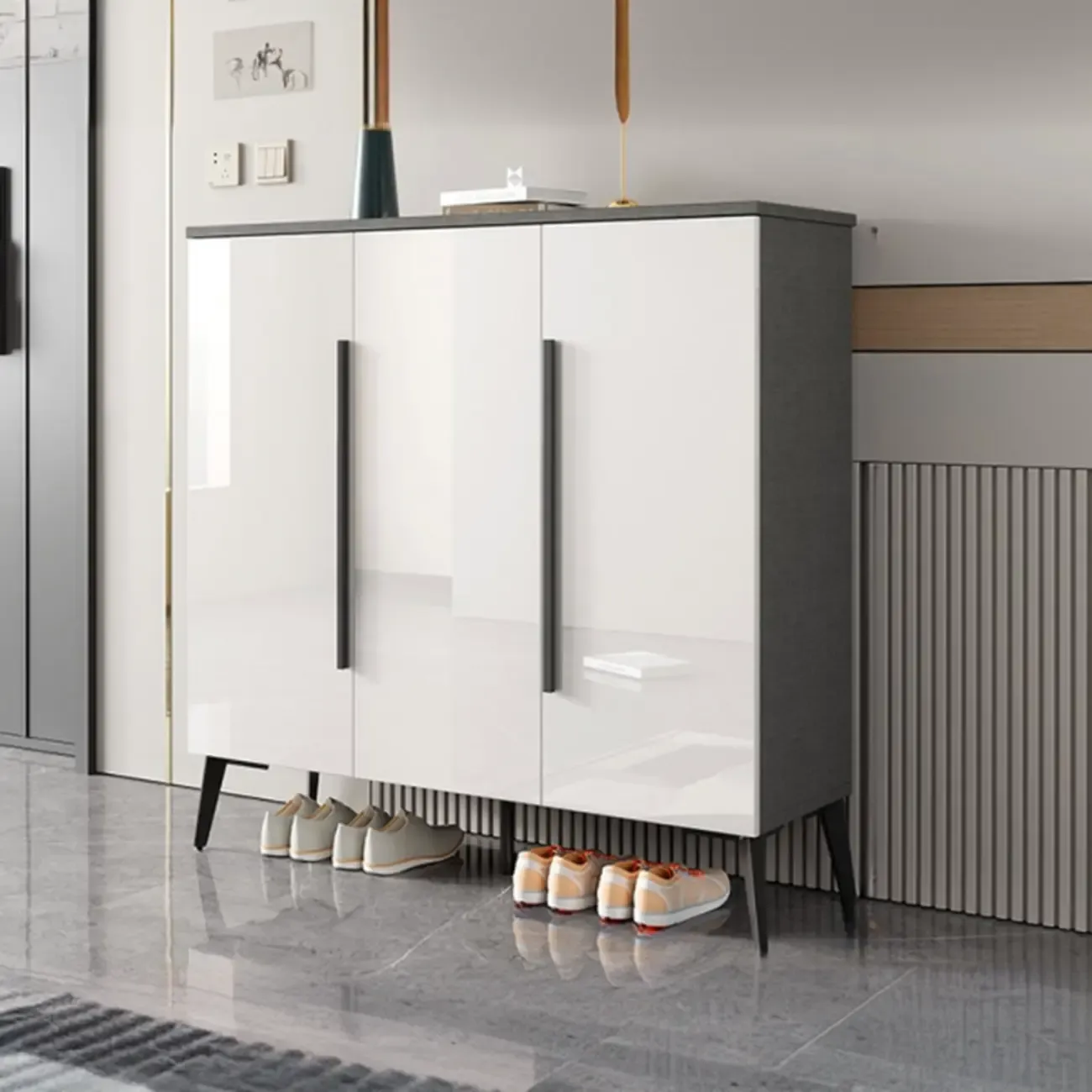 Trendy Gray-White Wooden Shoe Cabinet with Display Top Image - 10