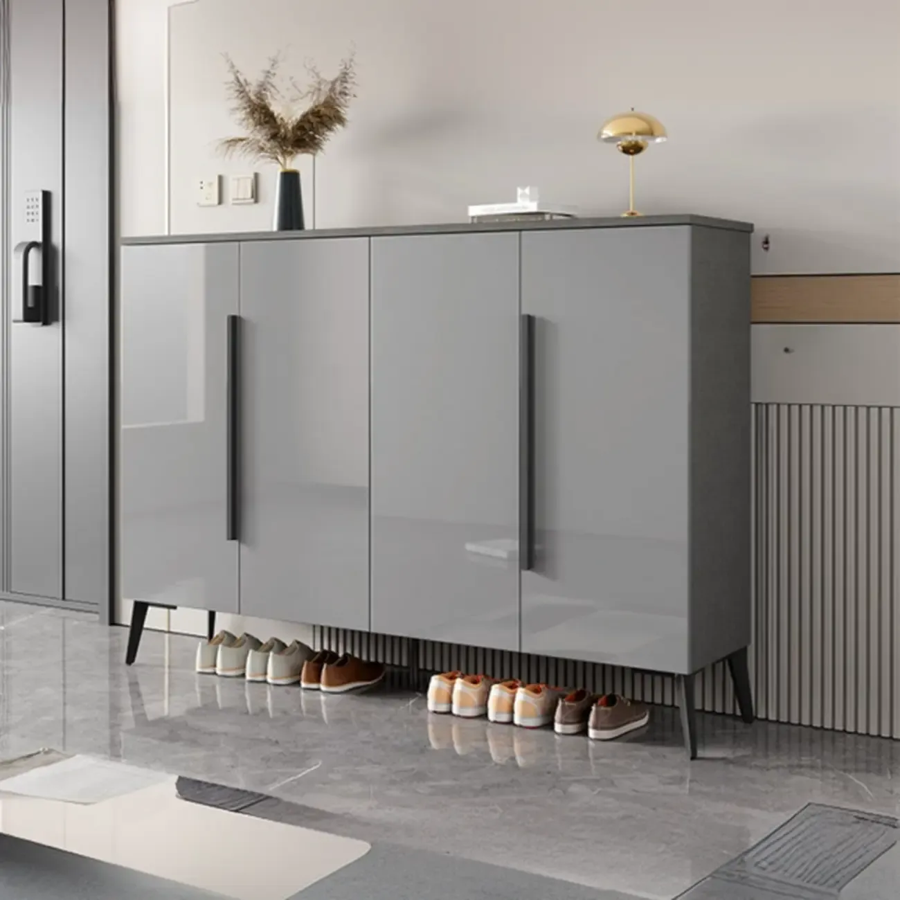 Trendy Gray-White Wooden Shoe Cabinet with Display Top Image - 12