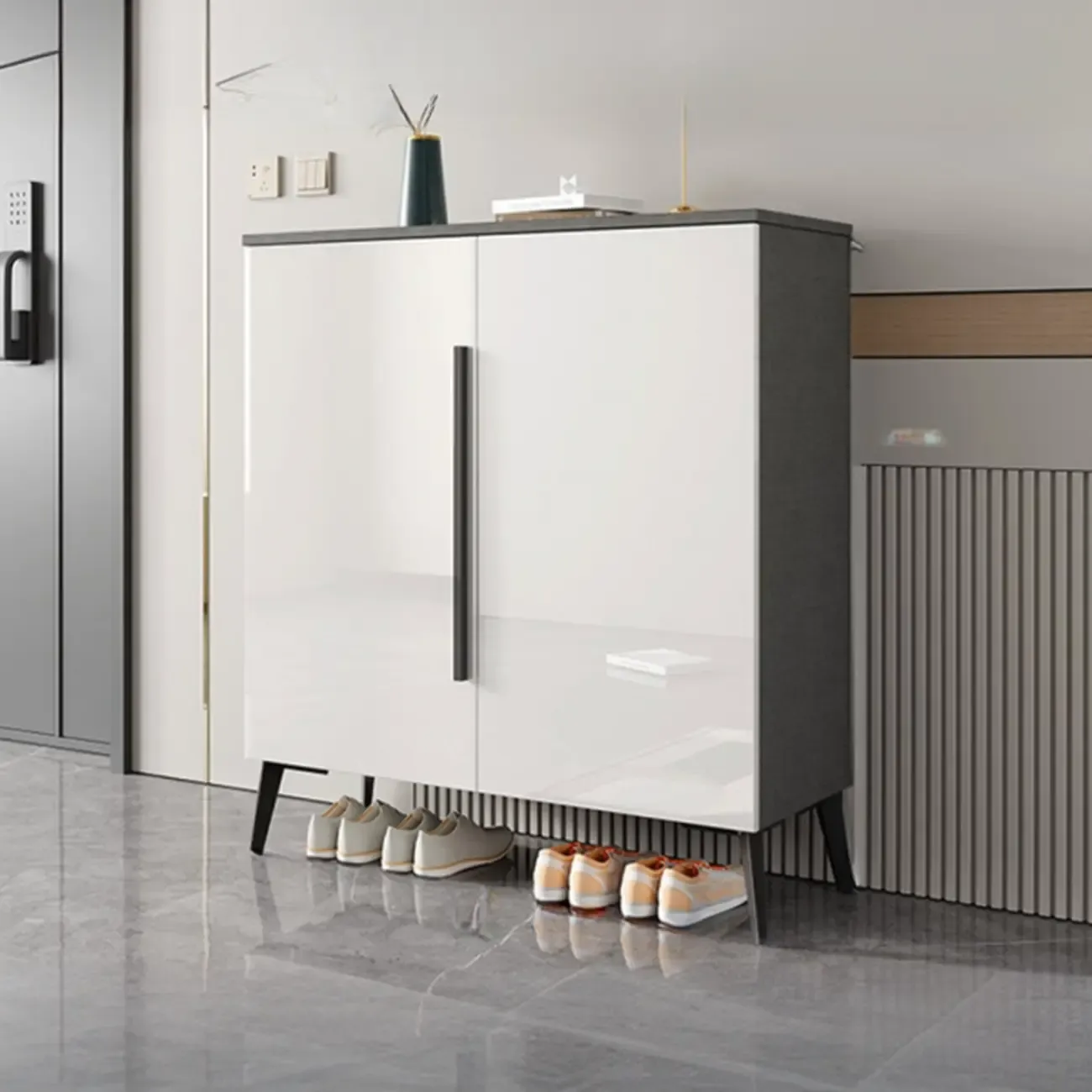 Trendy Gray-White Wooden Shoe Cabinet with Display Top Image - 13