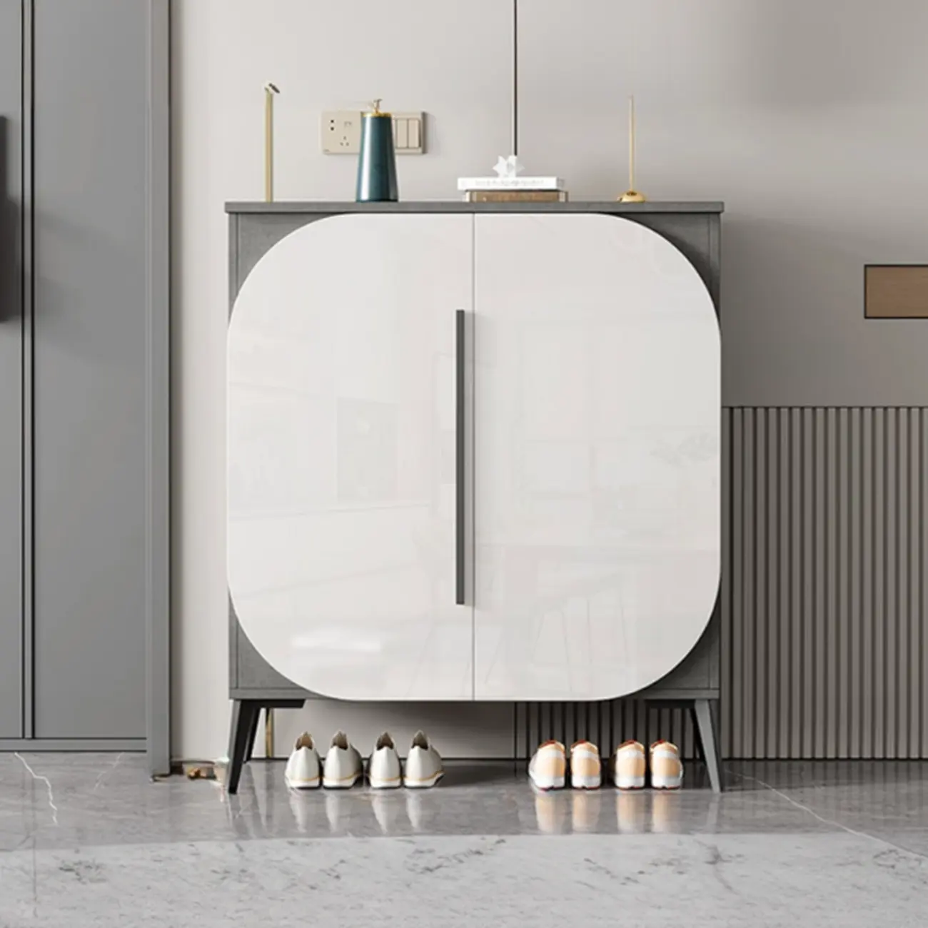 Trendy Gray-White Wooden Shoe Cabinet with Display Top Image - 15 | homeyfad