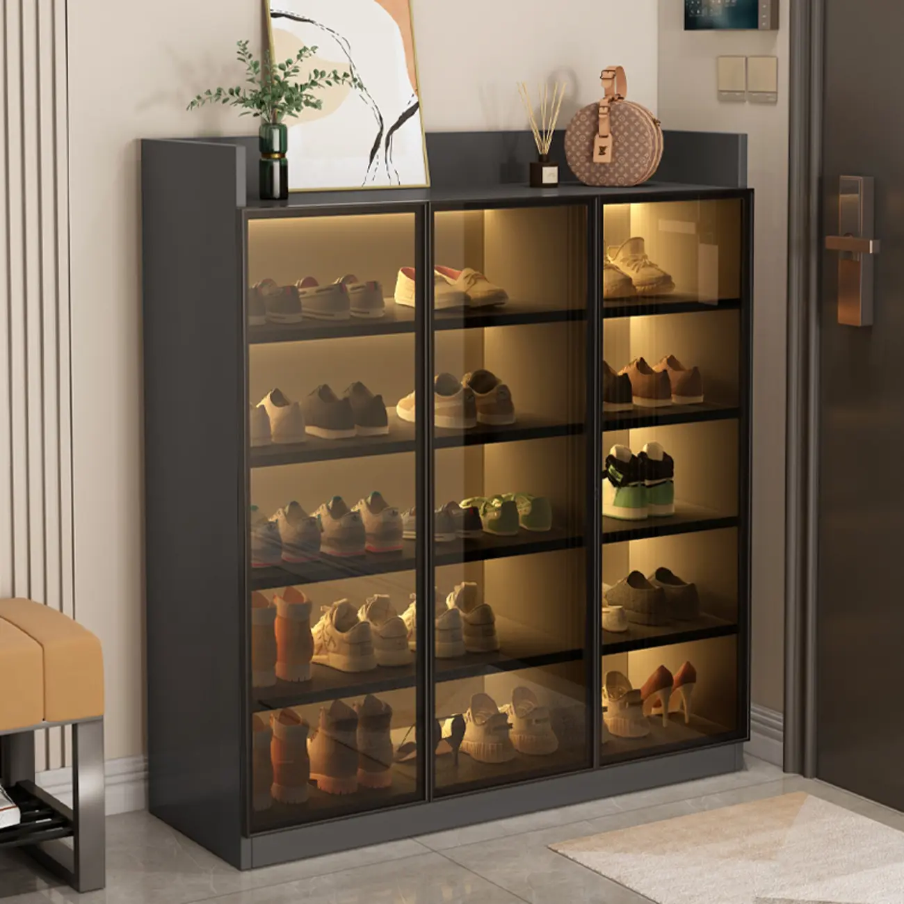 Grey LED Lighted Shoe Storage Cabinet with Glass Display Image - 1 | homeyfad