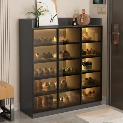 Grey LED Lighted Shoe Storage Cabinet with Glass Display Image - 1