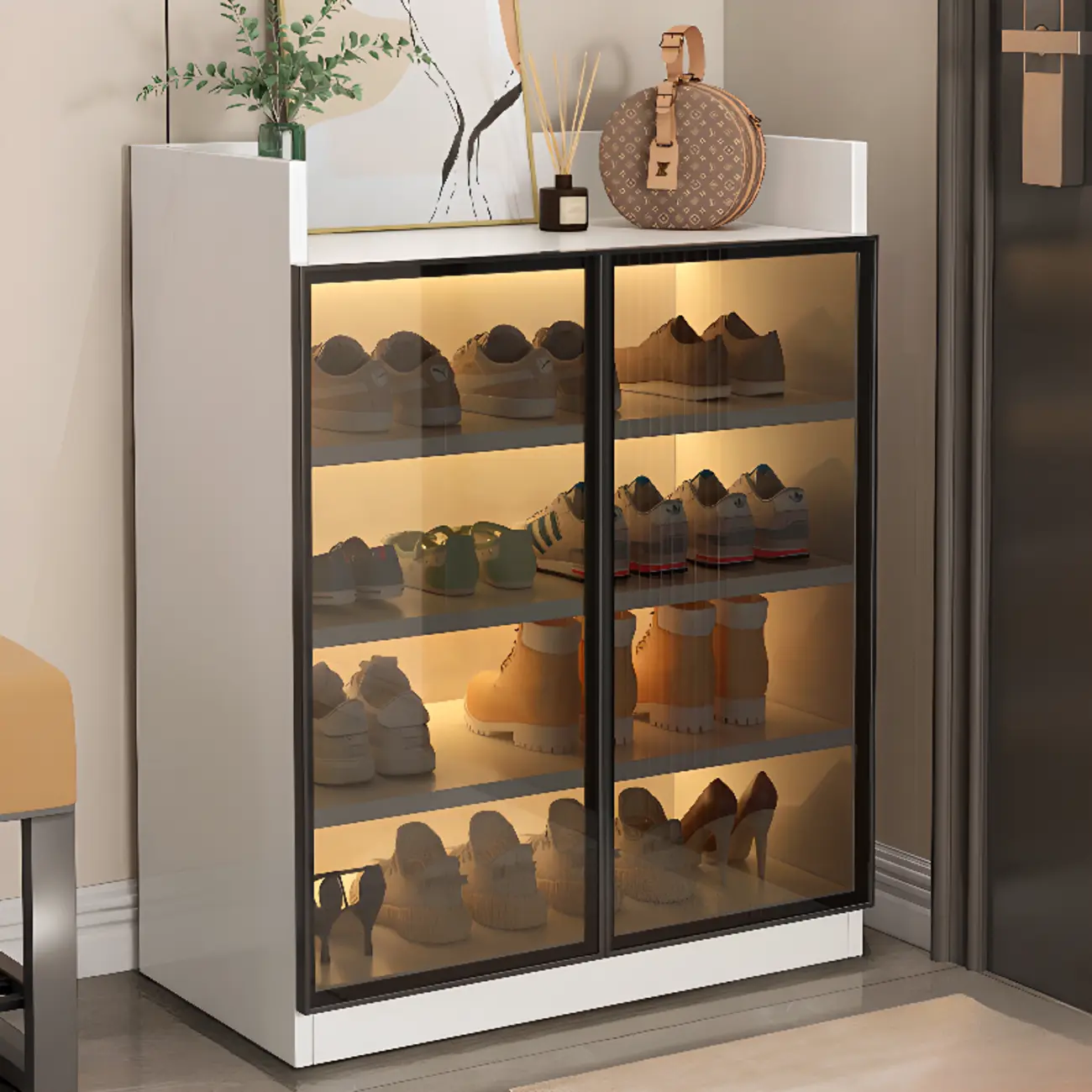 Grey LED Lighted Shoe Storage Cabinet with Glass Display Image - 2 | homeyfad