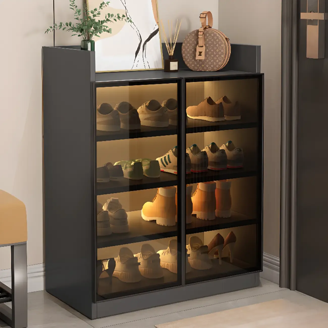 Grey LED Lighted Shoe Storage Cabinet with Glass Display Image - 12