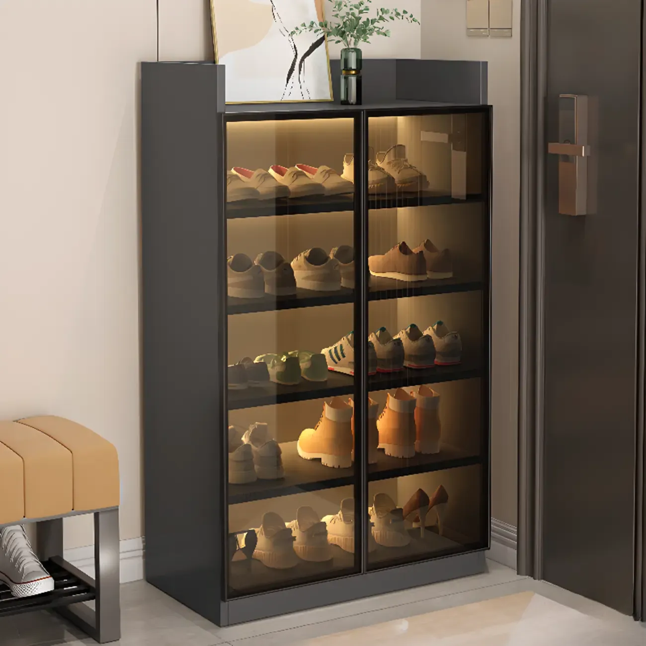 Grey LED Lighted Shoe Storage Cabinet with Glass Display Image - 13