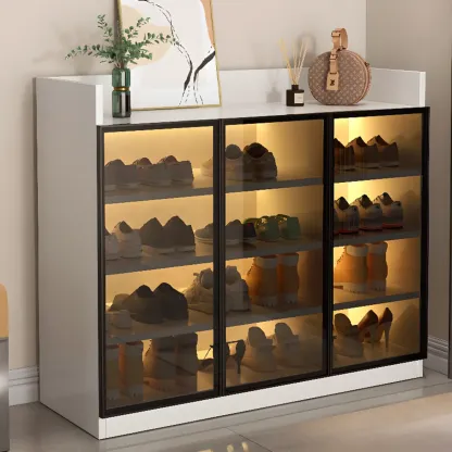 Grey LED Lighted Shoe Storage Cabinet with Glass Display Image - 14