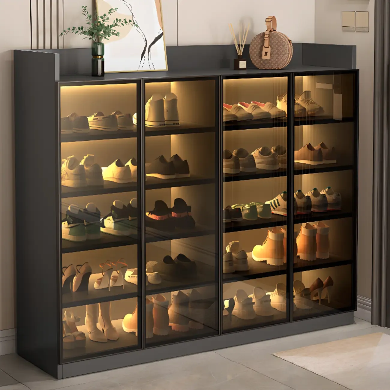 Grey LED Lighted Shoe Storage Cabinet with Glass Display Image - 15