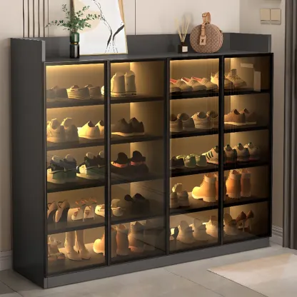 Grey LED Lighted Shoe Storage Cabinet with Glass Display Image - 15