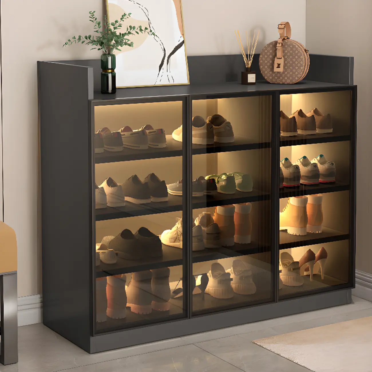 Grey LED Lighted Shoe Storage Cabinet with Glass Display Image - 16 | homeyfad
