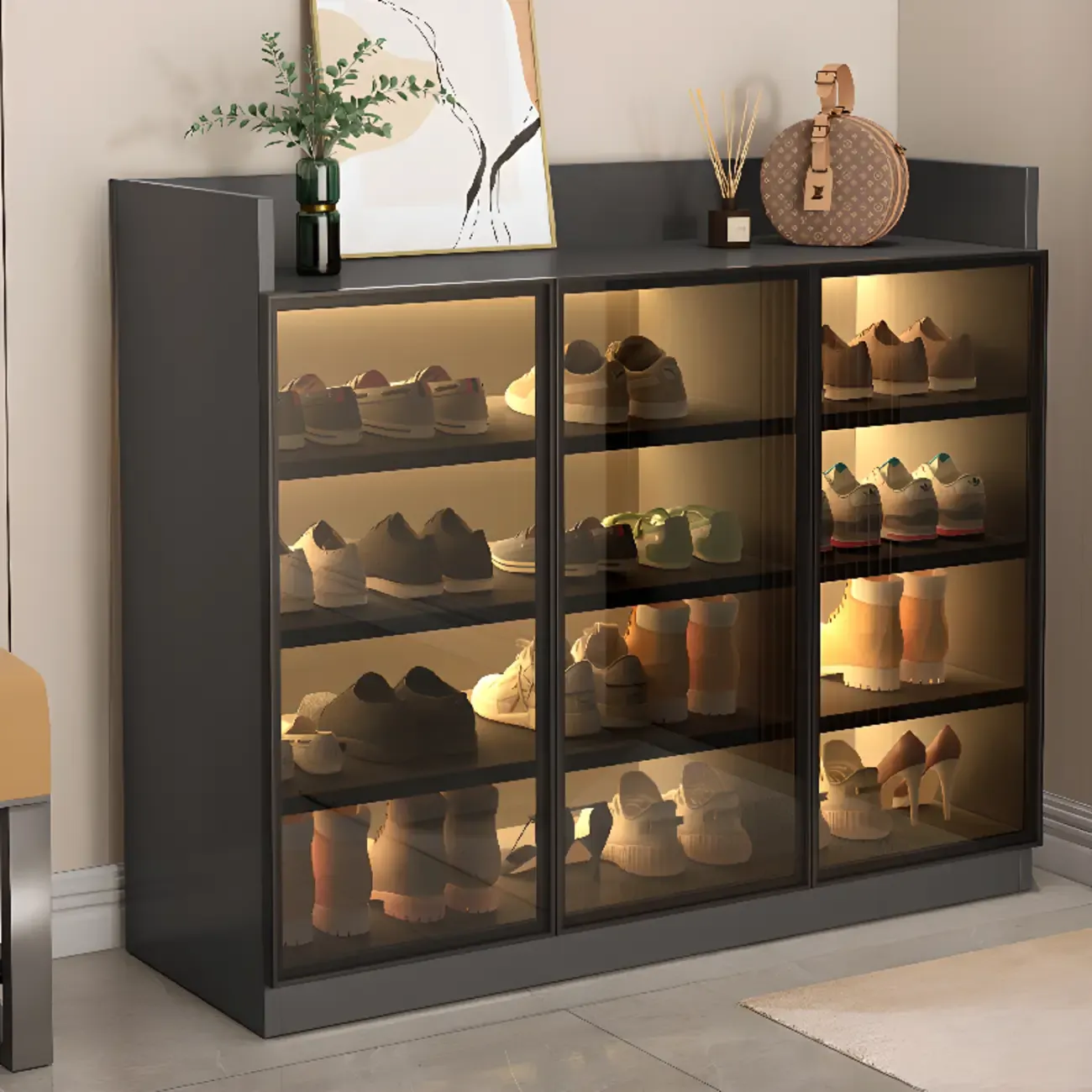 Grey LED Lighted Shoe Storage Cabinet with Glass Display Image - 16