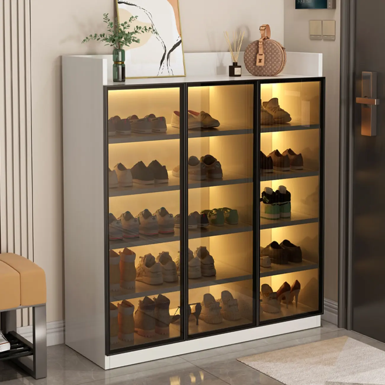 Grey LED Lighted Shoe Storage Cabinet with Glass Display Image - 17 | homeyfad