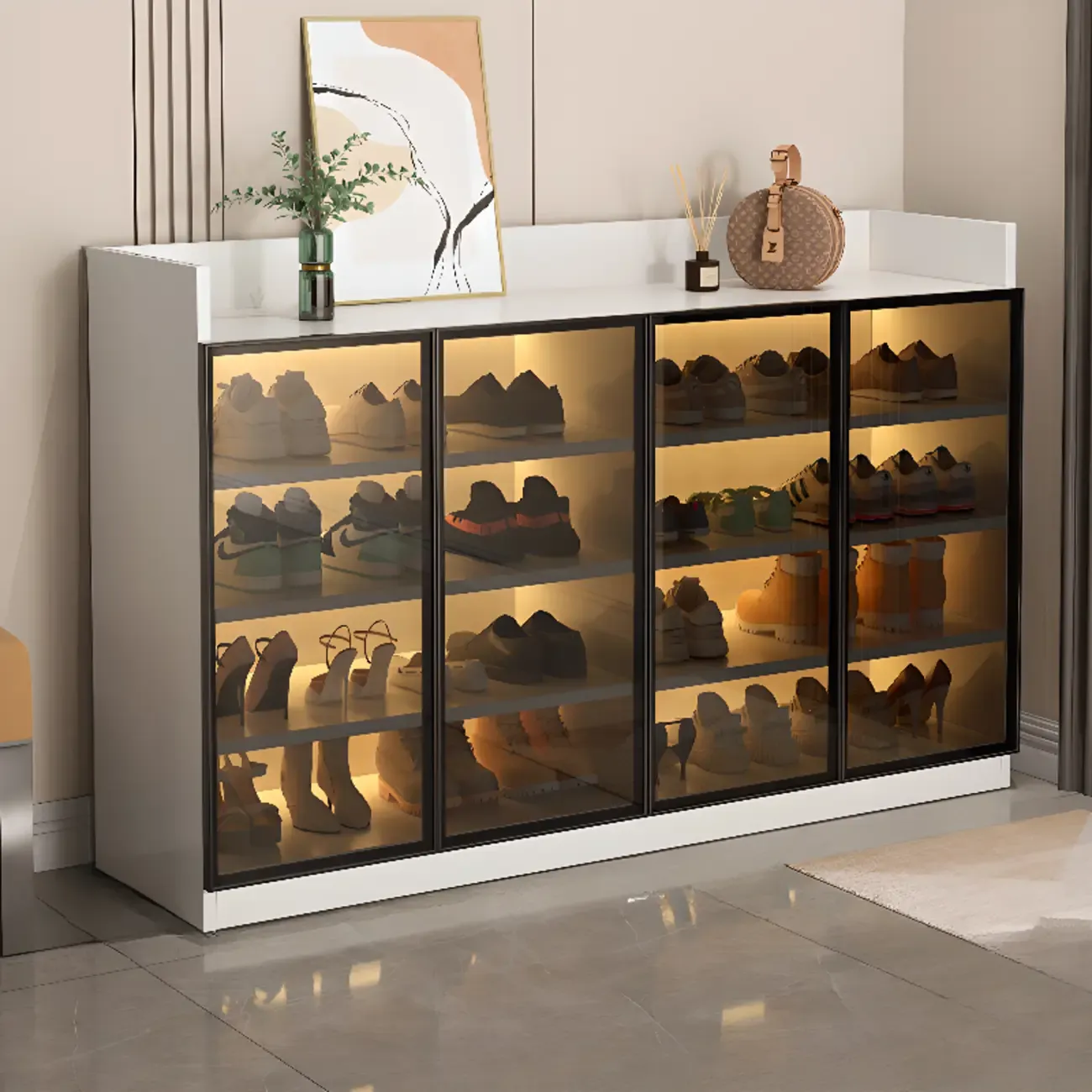 Grey LED Lighted Shoe Storage Cabinet with Glass Display Image - 19