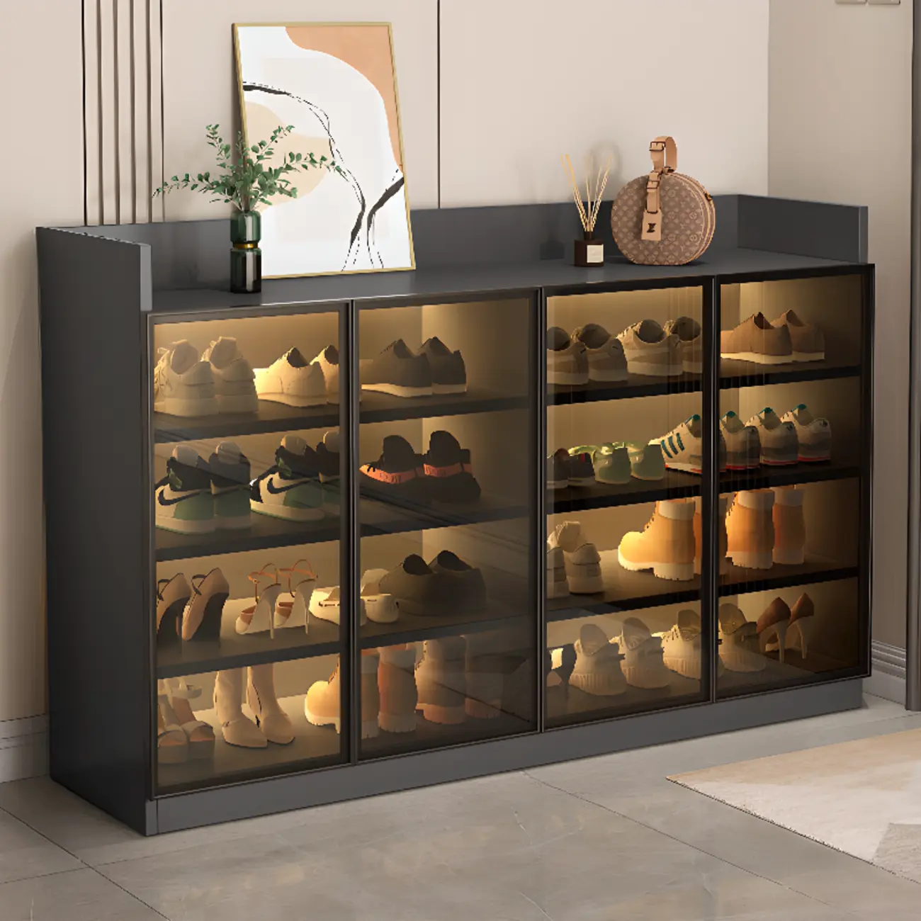 Grey LED Lighted Shoe Storage Cabinet with Glass Display Image - 20 | homeyfad