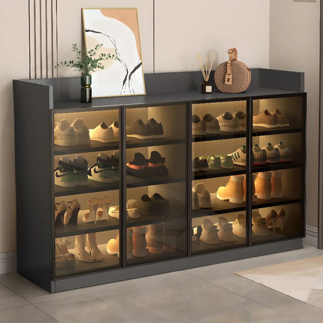 Grey LED Lighted Shoe Storage Cabinet with Glass Display Image - 20