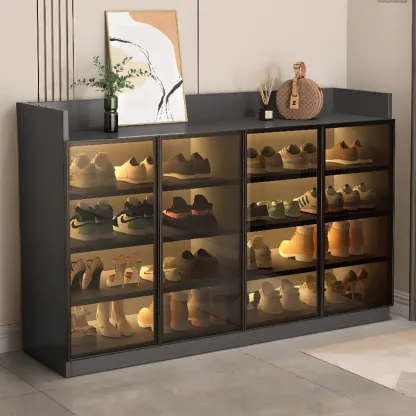 Grey LED Lighted Shoe Storage Cabinet with Glass Display Image - 20