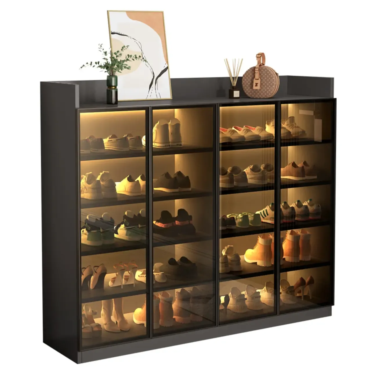 Grey LED Lighted Shoe Storage Cabinet with Glass Display Image - 22