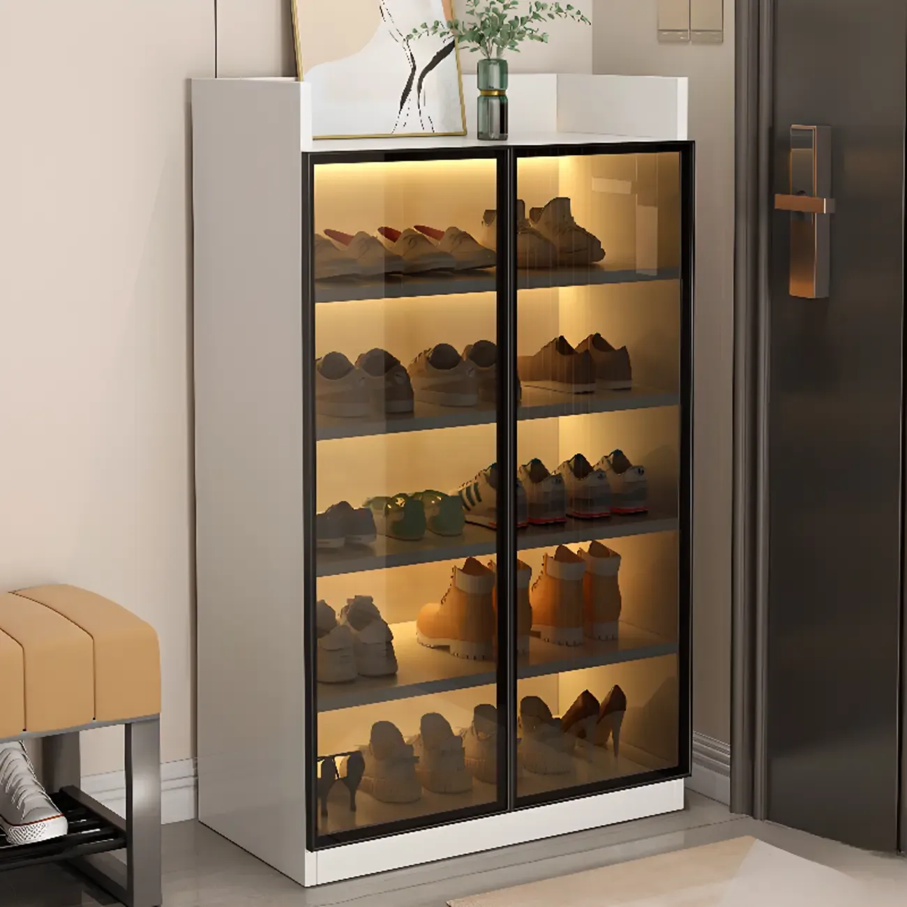 Grey LED Lighted Shoe Storage Cabinet with Glass Display Image - 21