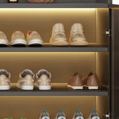 Grey LED Lighted Shoe Storage Cabinet with Glass Display Image - 4