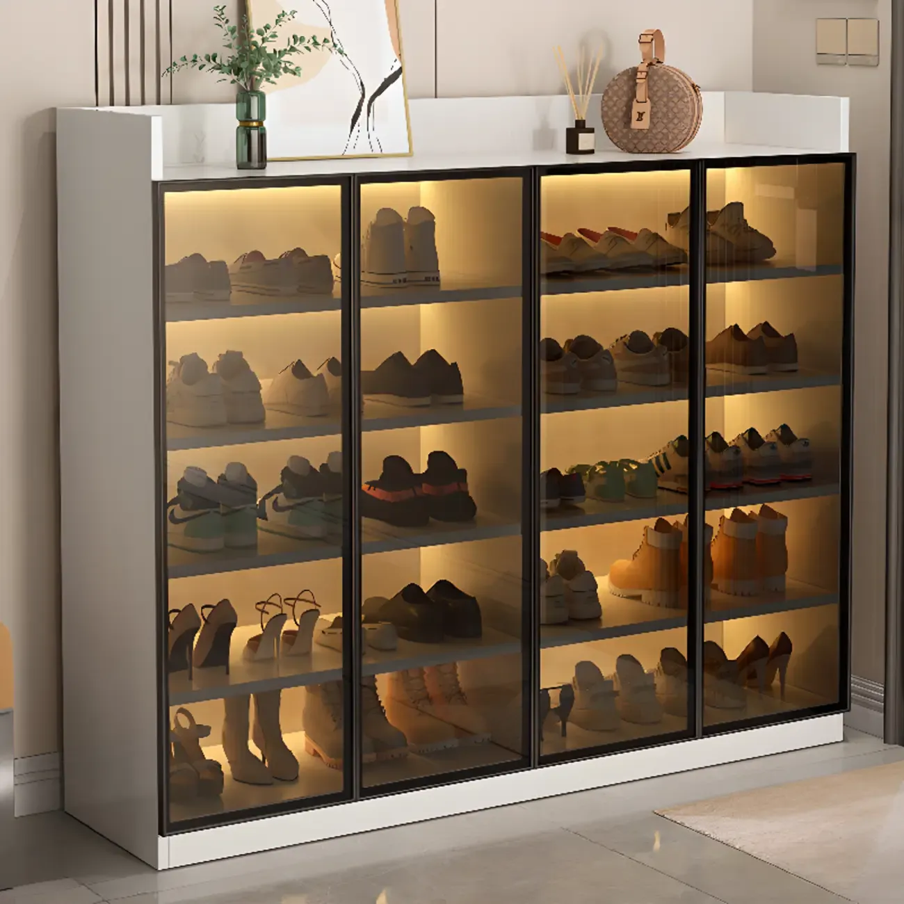 Grey LED Lighted Shoe Storage Cabinet with Glass Display Image - 18